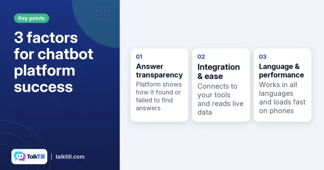 Key points on 3 factors for chatbot platform success: answer transparency, integration and ease, and language and performance