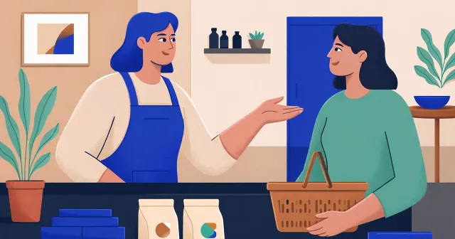 A friendly shop assistant helps a customer at a counter.