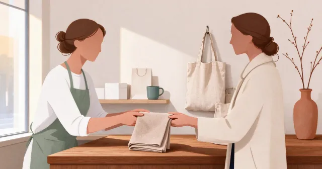 A shop assistant in a green apron hands a folded scarf to a customer across a wooden counter.